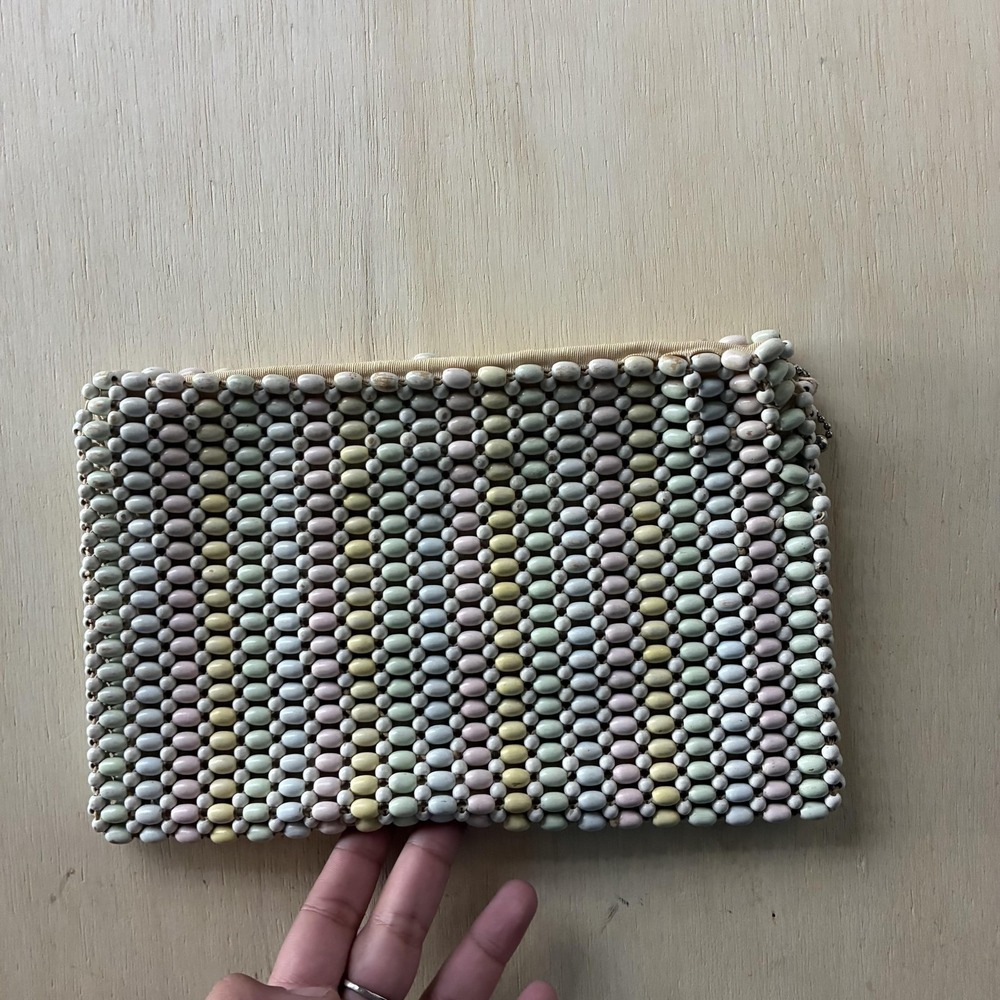 Vintage Clutch Bag Womens Small Multicolor Wood Beaded Zip Party Cocktail